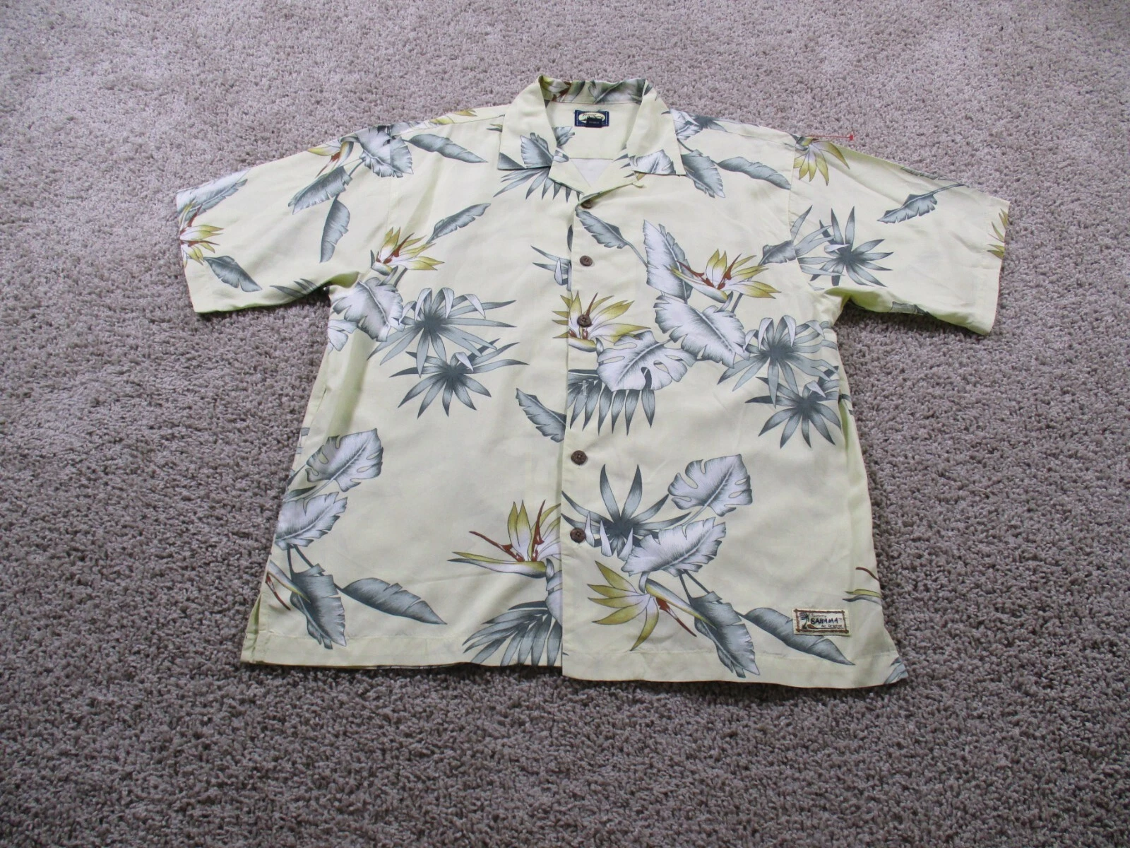 Tommy Bahama Shirt Mens Large Beige Button Up Hawaiian Floral Birds of Paradise