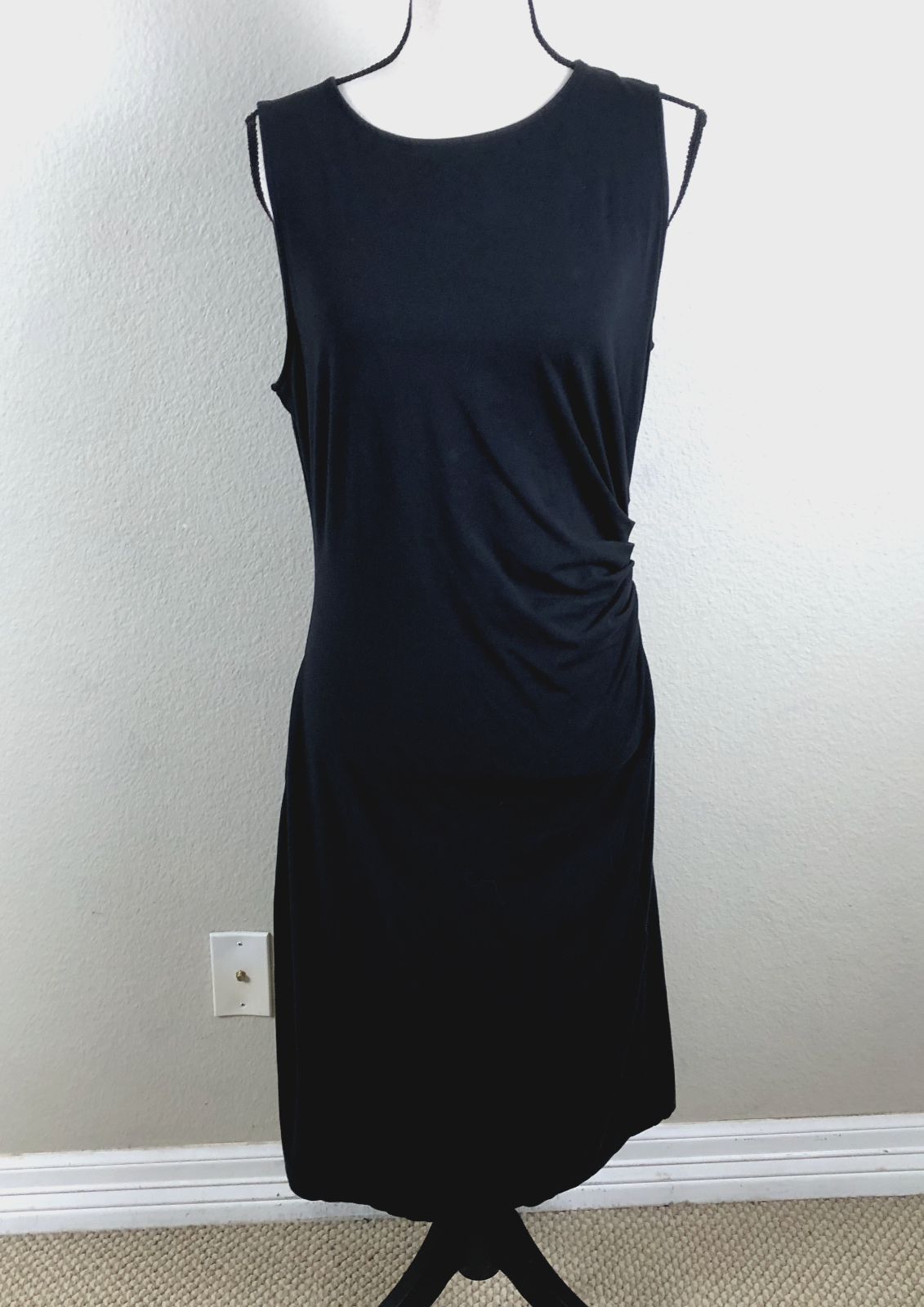 Brooks Brothers Dress Womens Large Black Sheath Ruched Pleated Stretch Crew Neck