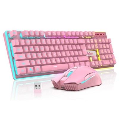 RedThunder K10 Wireless Gaming Keyboard and Mouse Combo, LED Backlit Pink