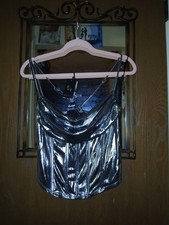 Sincerely Jules Silver Bustier Corset Strappy Metallic Crop Cami Tank Top Size L