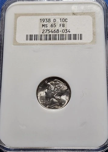 1938-D Mercury Dime NGC MS 65 FB Older NGC Holder