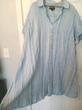NWT TAHARI 100% linen dress WIDE EZ blue stripe button frnt collar s/s 3X PLUS