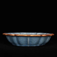 7.6" China Old Retro Porcelain Song Ru Kiln Blue Glaze Ice Crack Gilt Brush Wash