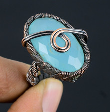aqua Chalcedony Gemstone Copper Wire Wrapped Handmade Beautiful Ring Jewelry