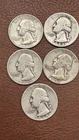Lot of 5 Silver Washington Quarters  (1935-1960) – 90% Silver – Circulated