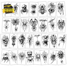 30 Sheets Skeleton Spider Tattoos - Scary Halloween Skull Spiderweb Temporary Ta