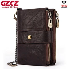 GZCZ Men Leather Wallet Double Zipper Purse Money Coin Wallet+Anti-Theft Chain