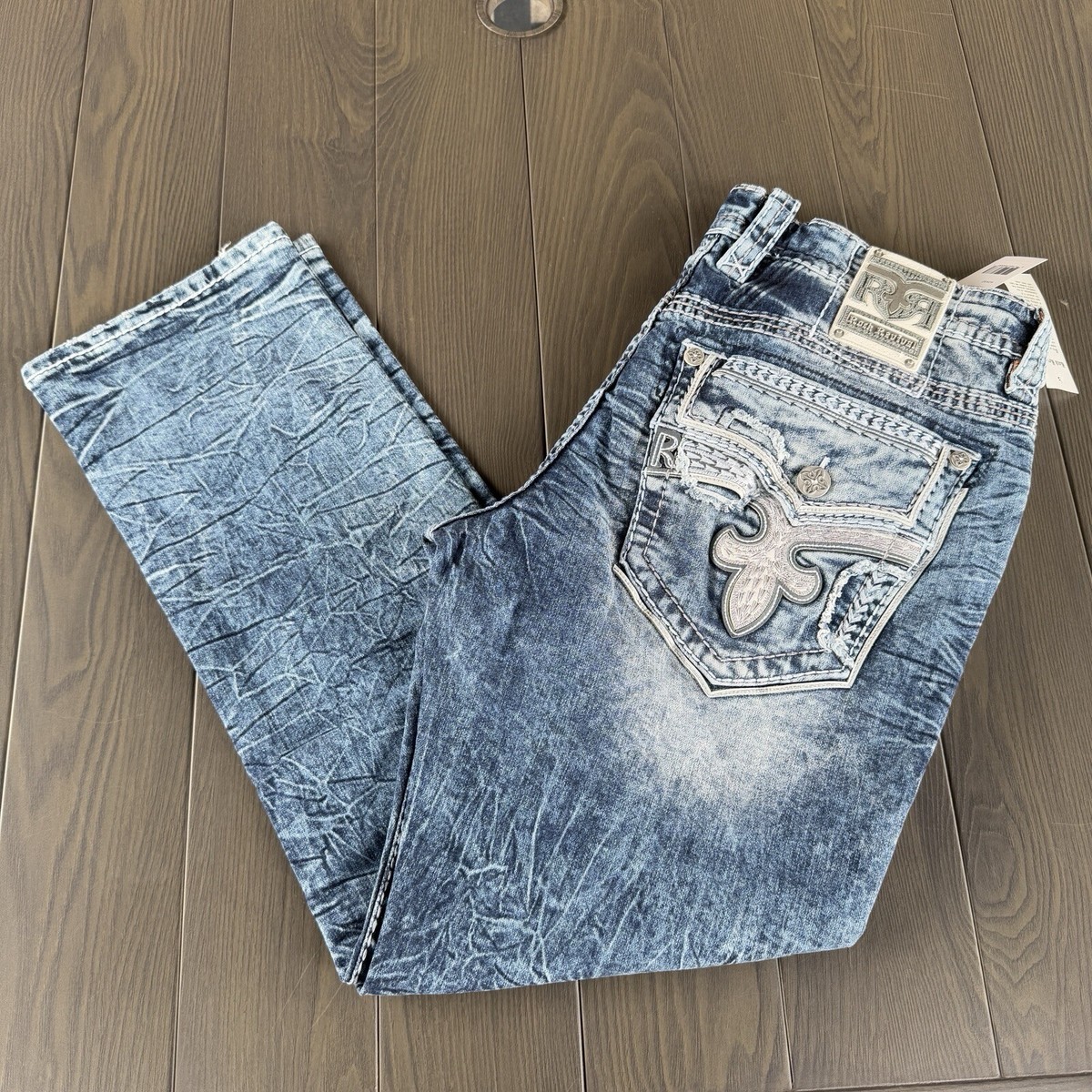 Rock Revival Jeans Tate Mens 40x32 Acid Wash Blue Straight Premium