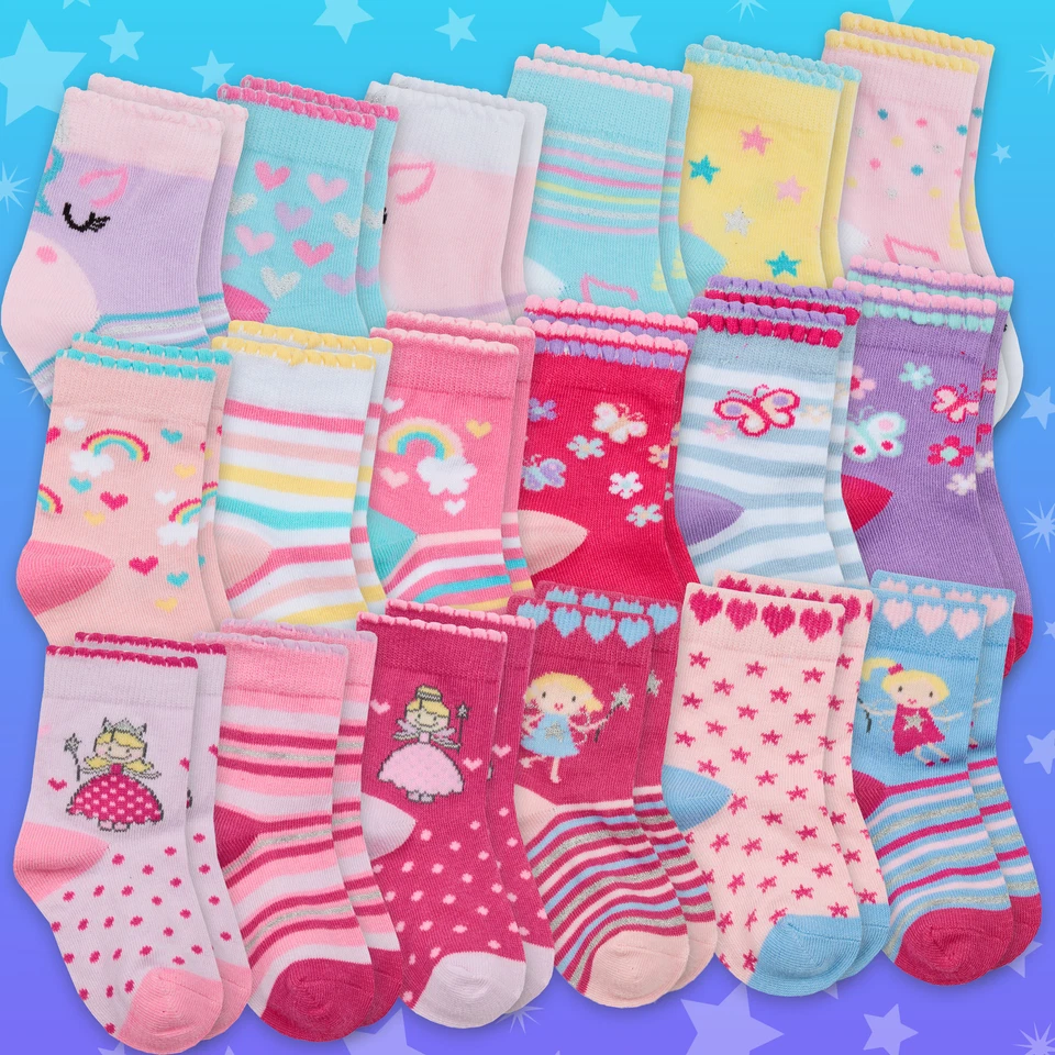 METZUYAN *Newborn Baby Girls Unicorn Socks Cotton Rich Cute Scallop Edge 3 6 Pairs Bundle