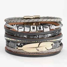 BEAUTIFUL RETRO MULTI LAYER GRAY LEATHER FEATHER BEAD MAGNETIC CLASP BRACELET