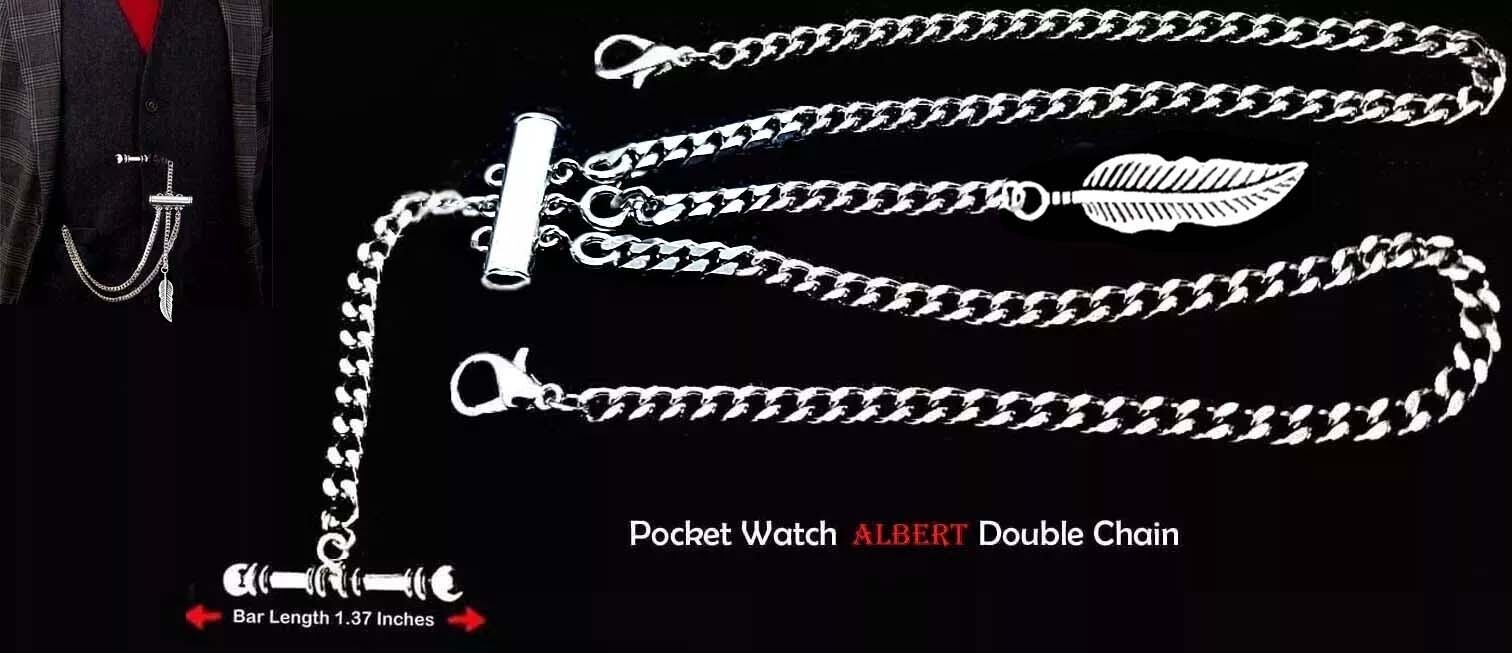 Very Strong Stainless Steel Pocket Watch Albert Double Chain With Leaf Fob