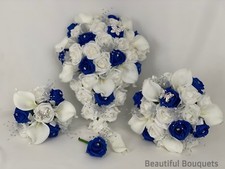 Wedding Flowers Ivory Royal blue ,bouquet ,Bride, Bridesmaid, Flower-Girl Wand
