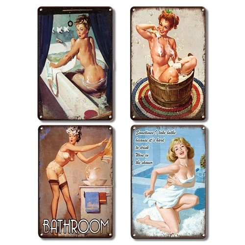 4Pcs Vintage Get Naked Sign, Vintage Wall Decor Retro Art Tin Sign, Bathroom ...