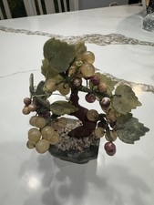 Carved Jade Bonsai Tree w/ Stone Grapes 9" x 12"