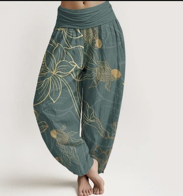 Buddha Stone Cotton LotusFlowers Leaf Koi Fish Women s Elastic Waist Harem Pants