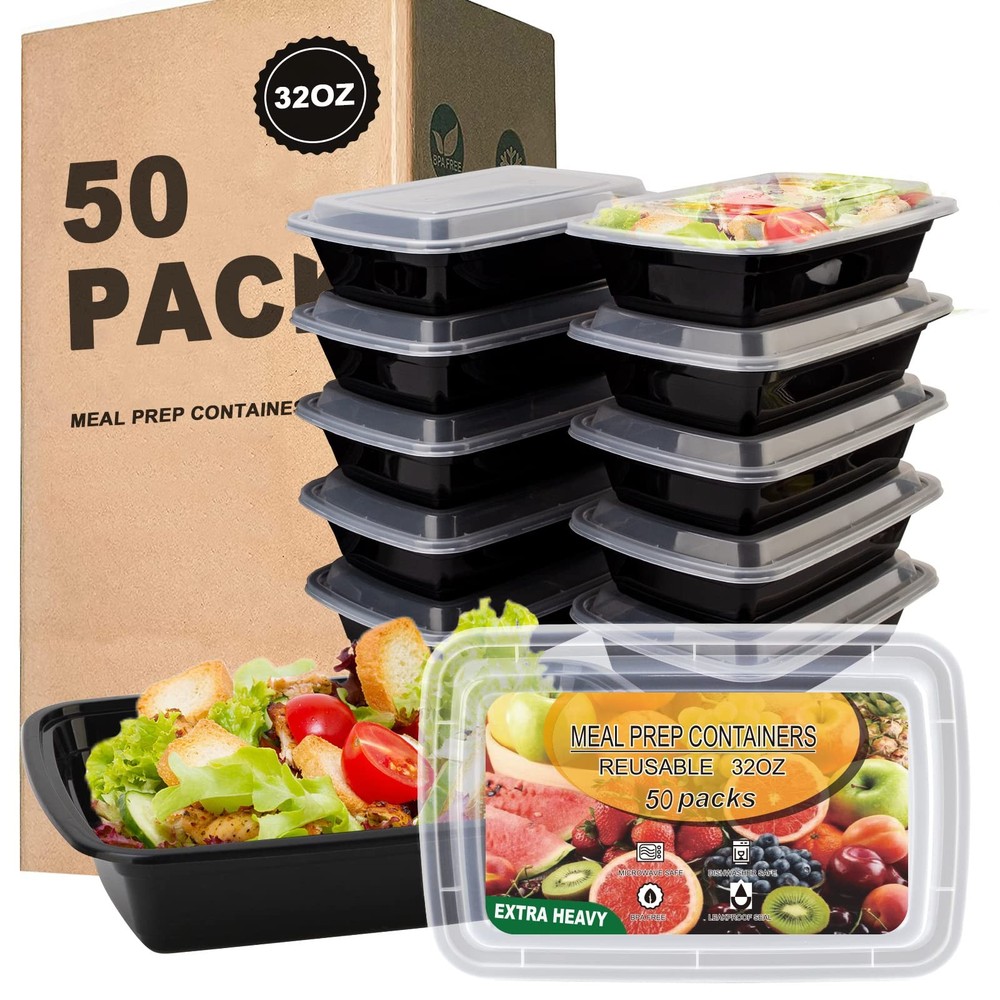 50-Pack 32oz Black Meal Prep Containers with Lids - BPA-Free Plastic Food Storage