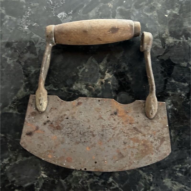 Vintage Handheld Metal Food Chopper, Straight Blade, Medium Brown Wood Handle