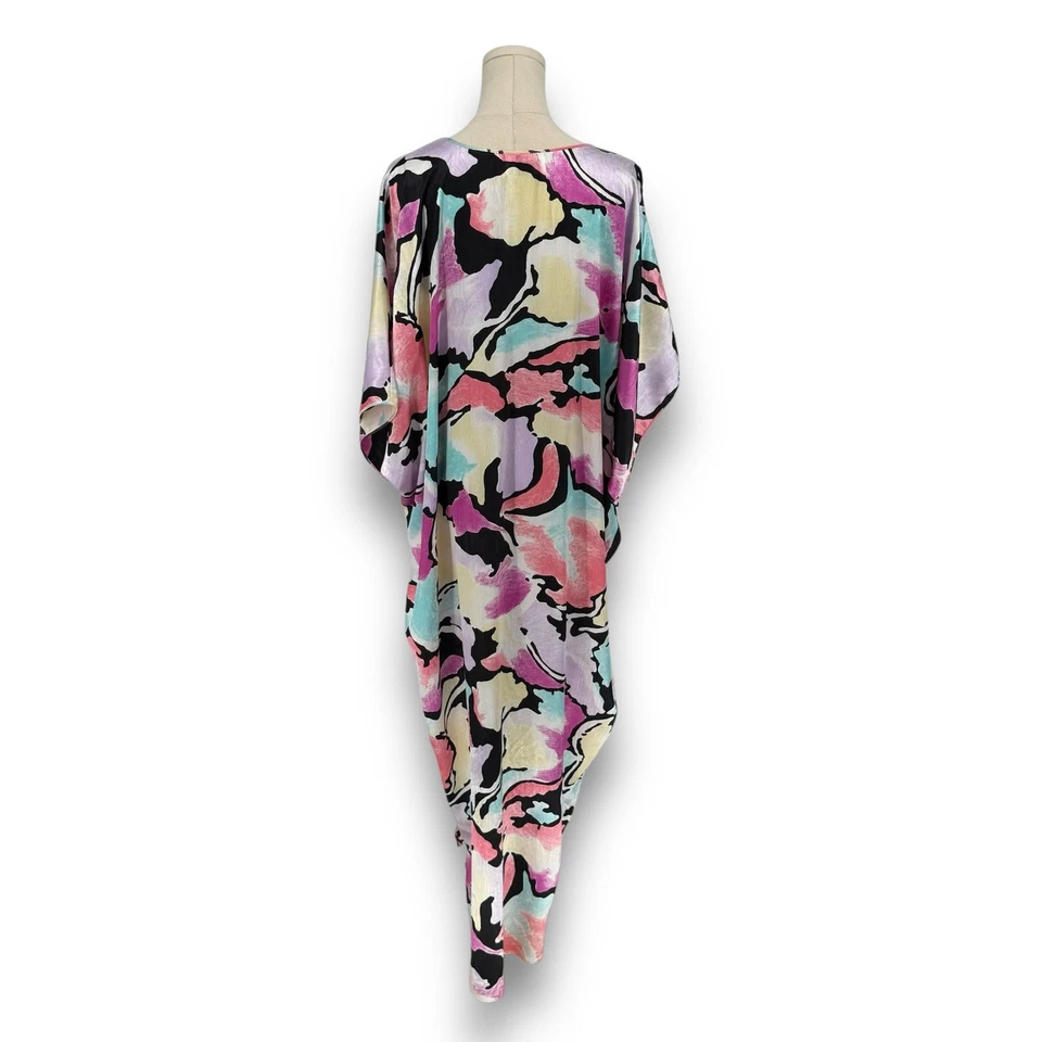 Maxi Vestido Caftán Manga Kimono Abstracto Neón Negro Mary McFadden Años 80 De Colección Foto 4 de 4