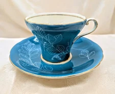 Vintage Aynsley Turquoise Teal Blue Corset Teacup & Saucer Leaf Outline MCM Gold