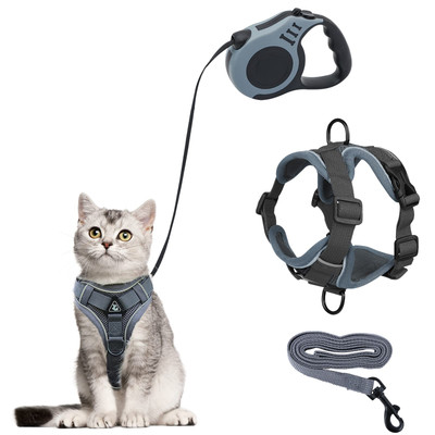 Katzengeschirr und Leine Set, Kätzchengeschirr mit einziehbarer Hundeleine, 5 m/16,4 Fuß