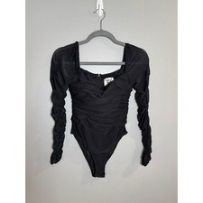 Princess Polly Delany Bodysuit Black Ruched Mesh Long Sleeve Square Neck US8 NEW