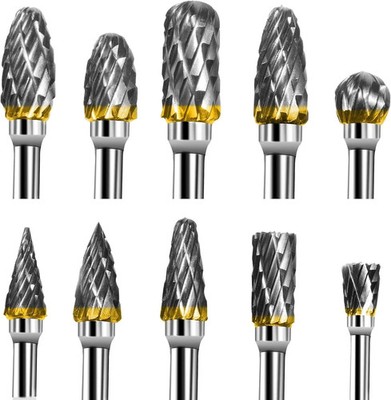 Tungsten Carbide Rotary Burr Set 10PCS Double Cut Grinding Head 1/4 In Die Gr.