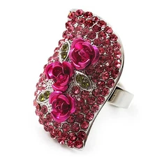 Crystal Rose Cocktail Ring (Silver Tone)