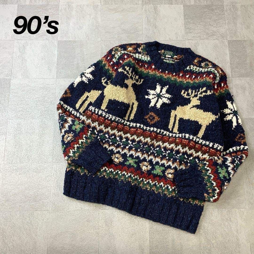 STEPS Cowichan Pattern Wool Nylong Low Gauge Knit Sweater Navy M Used