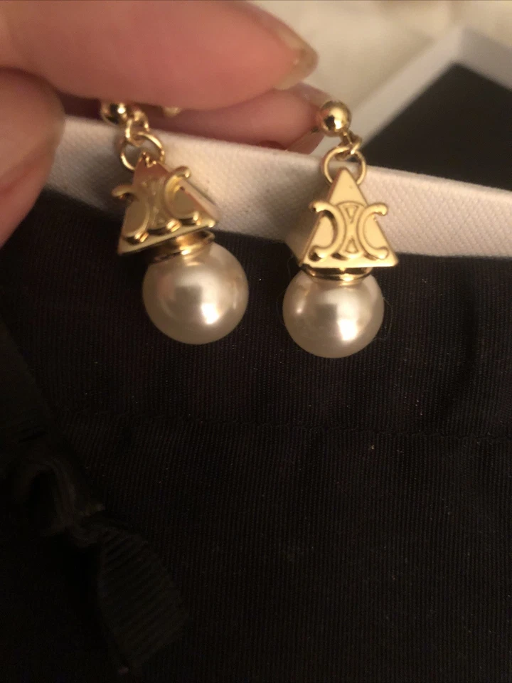 Celine Pyramid Golden Pearl Earrings Paris New - Image 3 of 4