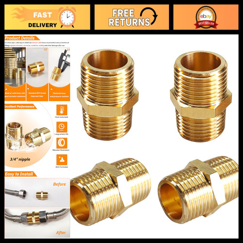 4 Pack 3/4" NPT Brass Hex Nipple Male Pipe Fitting - Durable Plumbing Connector
