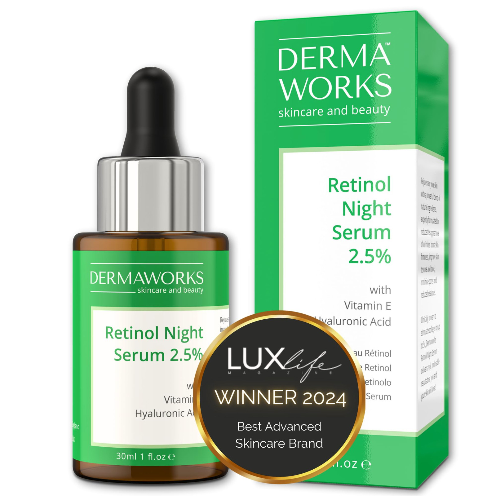 DERMAWORKS Retinolo Viso Siero 2.5% con Acido Ialuronico Viso e Vitamina (e8j)