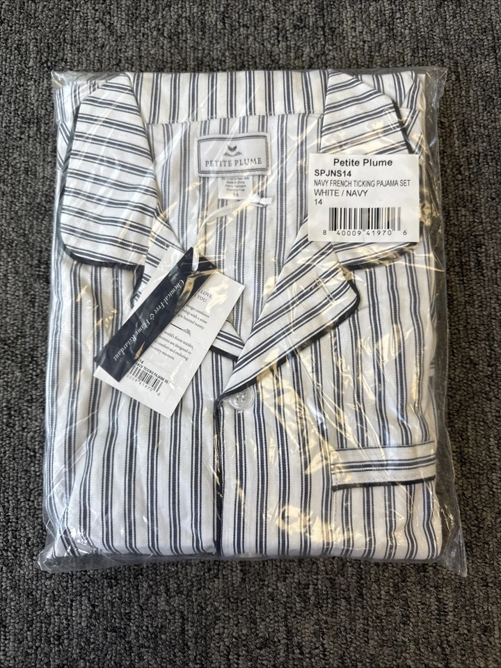 Petite Plume Kid's Twill Pajama Set in Navy French Ticking NWT MSRP $58 Sz 14 - Image 3 of 4