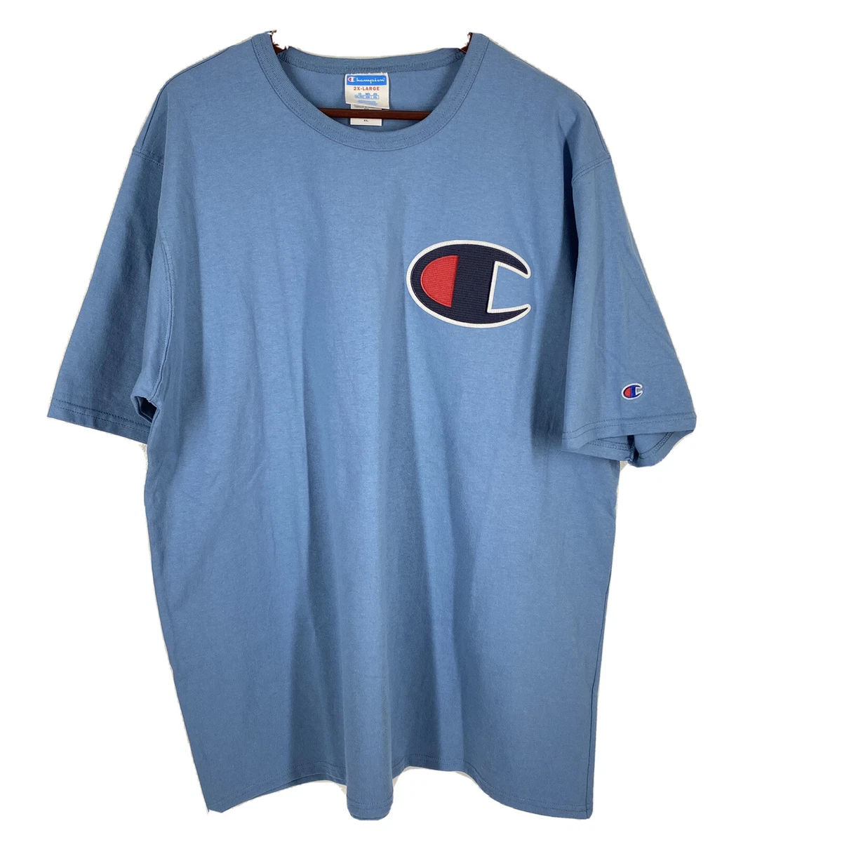 Vintage 90 s Champion Big C Stitched Chest Logo T Shirt Blue Mens