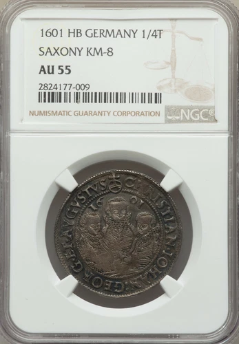 Germany Saxony 1/4 Thaler 1601-HB Christian II Johann Georg I NGC 55 AU Top Pop