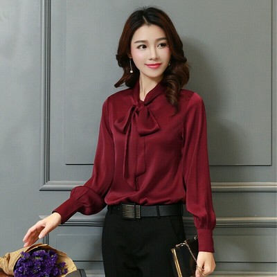 Women Lady Satin Blouse Silky Shirt Pullover Bow Tie Long Sleeve Top Casual