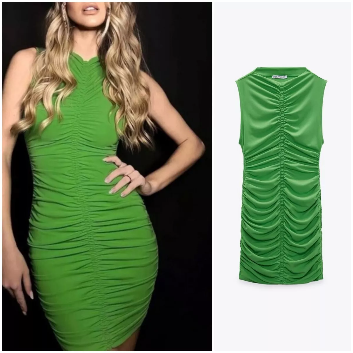 ZARA BNWT Green Sleeveless Ruched Bodycon Mini Dress Size S eBay