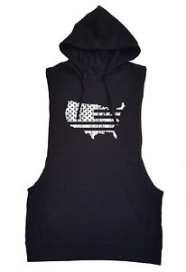 USA Flag Map Black Tank Top Hoodie Workout Bodybuilding Gym American Vest Shirt