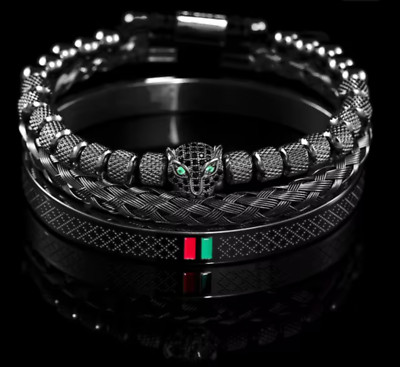3 Stack Bracelets, Jaguar, Braided, Diamond Design Bangle, Black, Red, Green #10