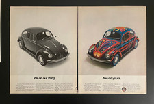 1970 Vintage Print Ad Volkswagen Beetle Double Ad Psychedelic Hippie Colors