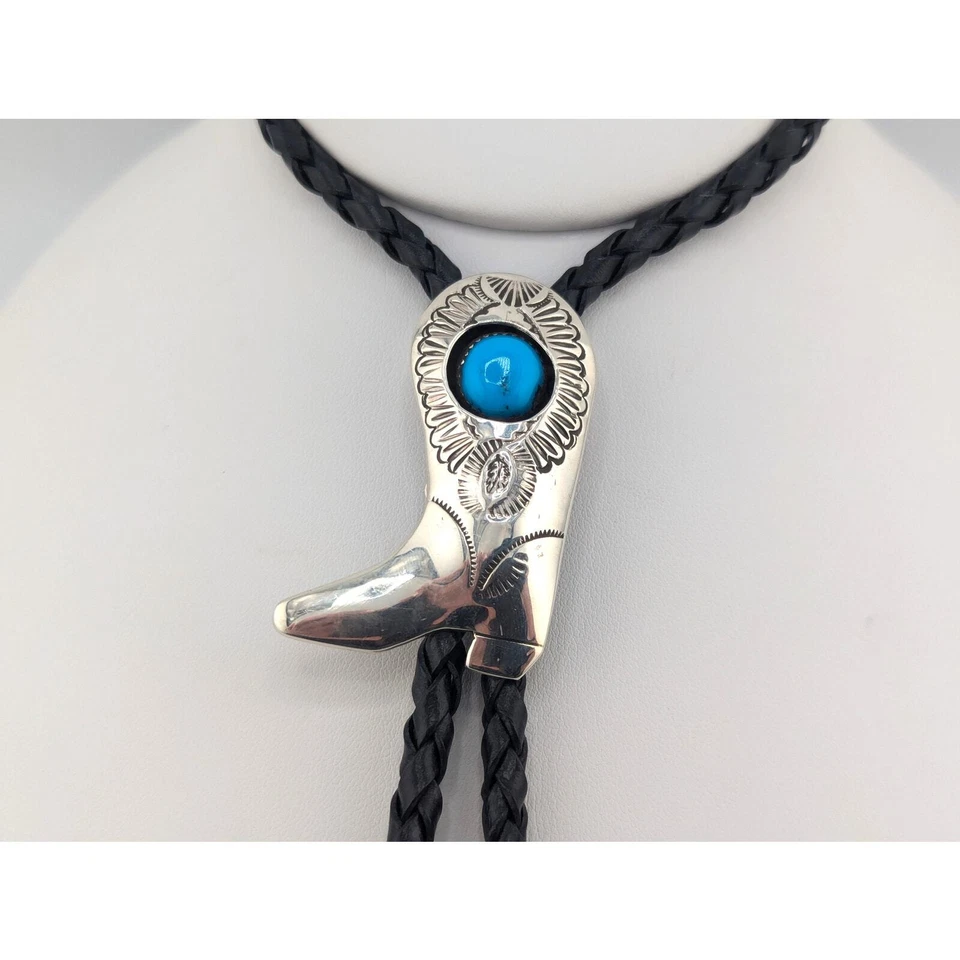 Bota de Vaquero Occidental Bolo Tie Turquesa Plata Esterlina Hecha a Mano Joyería Foto 2 de 4
