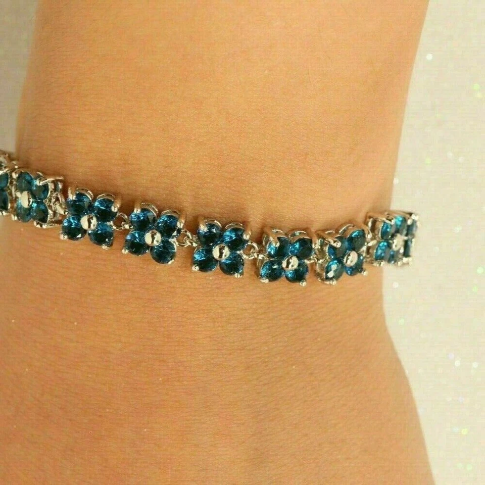 Браслет с голубым топазом круглой огранки 7 карат с покрытием из белого золота 14 карат 925 - Изображение 3 из 4