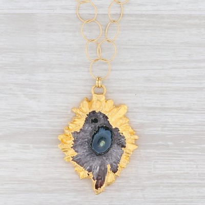 New Nina Wynn Geode Amethyst Pendant Necklace Sterling Gold Vermeil 19.5''