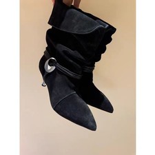 New Women Velvet Pointed Toe Kitten Heel Shoes Strap Metal Buckle Western Boots