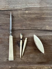 Antique Bone Sewing Tools – Tatting Shuttle, Bodkins, Awl Stiletto Lot Of 4