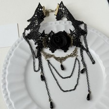 Victorian Gothic Black Rose Floral Lace Chain Tassel Choker Necklace Halloween