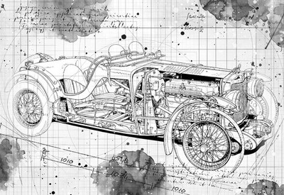 Line Tech Zeichnung MG K3 Magnette 1933 Auto Oldtimer Cutaway Kunst Poster Druck
