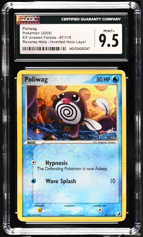 CGC 9.5 Poliwag Inverted Holo Layer Reverse Holo Pokemon Ex Unseen Forces Pop 27