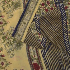 Sanskriti Vintage Soft Cream-Blue Pure Crepe Silk Sari Floral Print Saree 5.5Yd