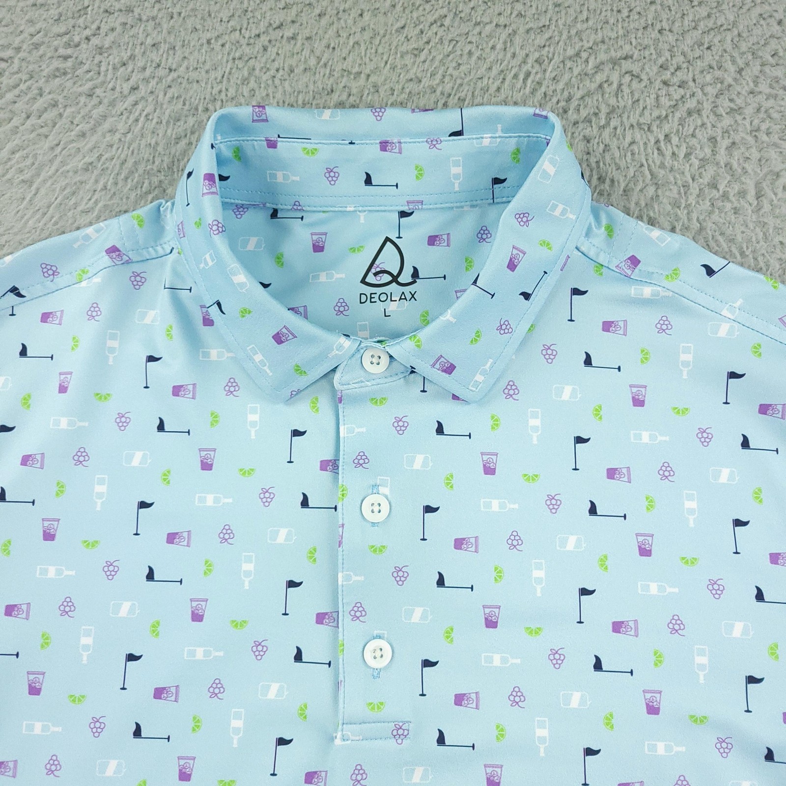 Deolax Polo Shirt Mens Large Light Blue Golf Cocktail Print Performance Stretch