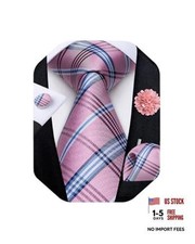 Mens Tie and Lapel Pin Set Silk Plaid Solid Paisley Necktie  Pink White Blue